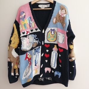 Vintage Eagle's Eye 90s Hand Knit Baby Themed Cardigan Ramie Cotton Blend Large